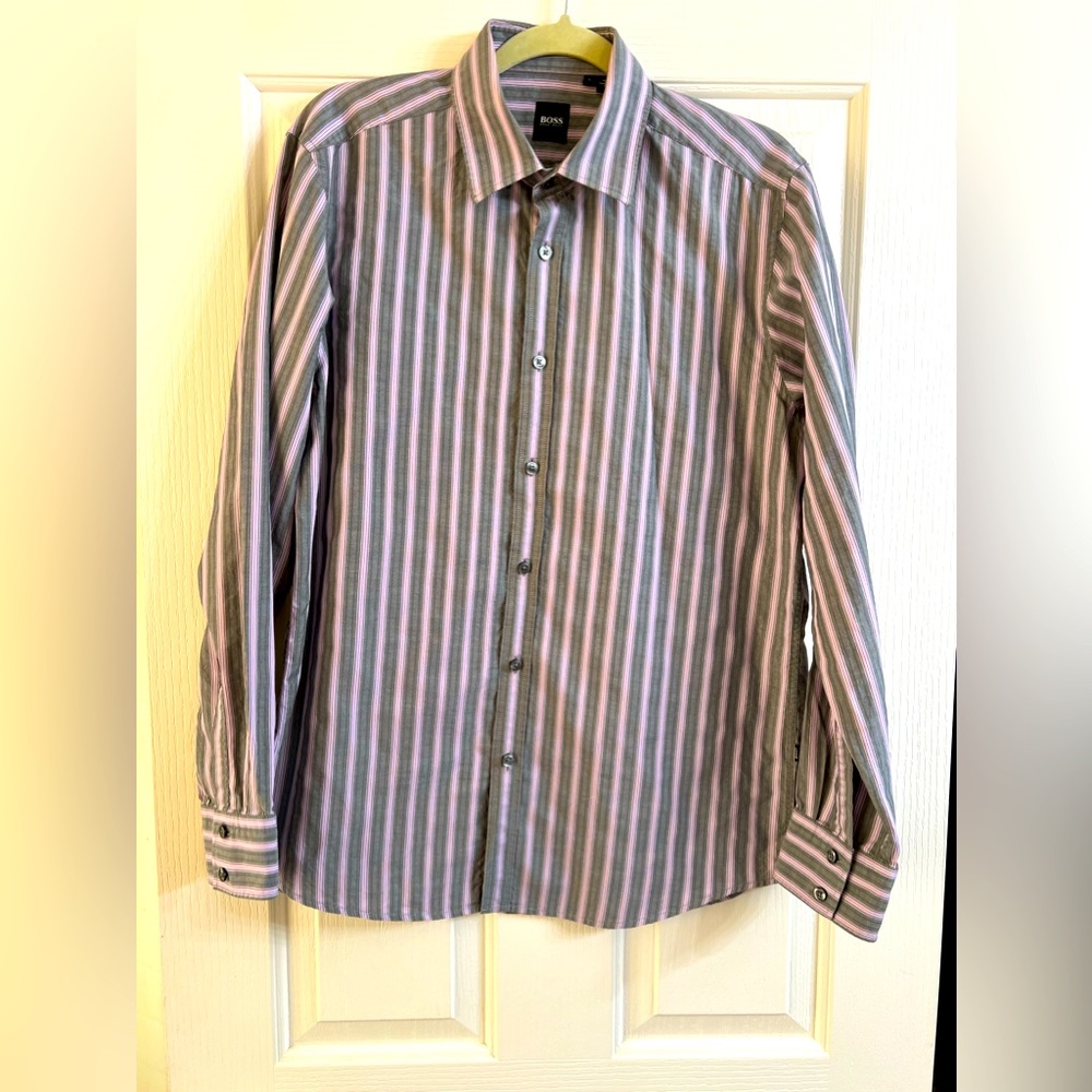 HUGO Boss Men’s Long Sleeve Button Down Shirt, Light Grey Purple, and White. Lg